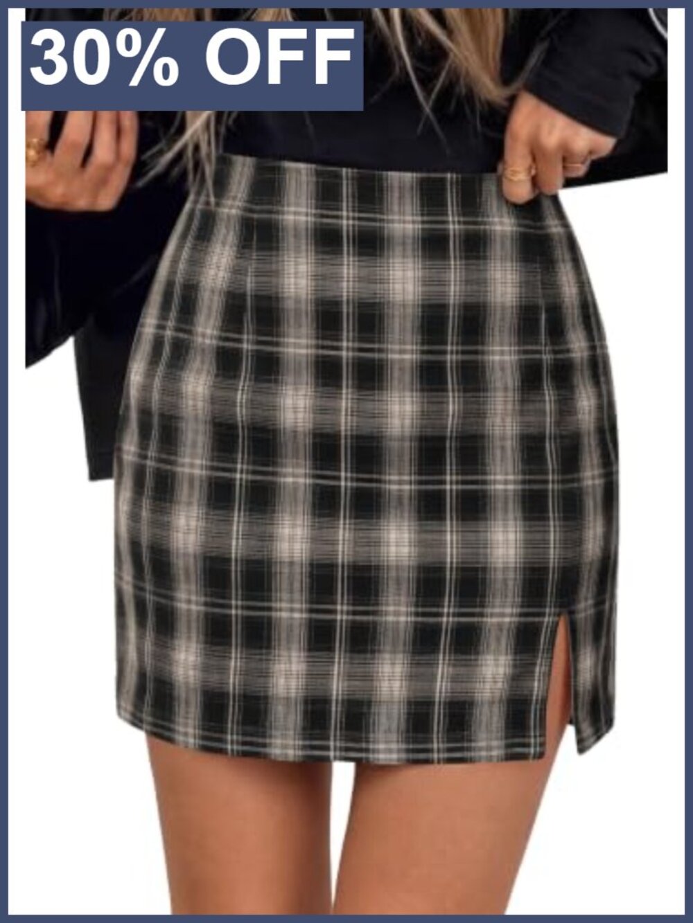 Plaid Mini Pencil Skirt High Rise Side Slit Bodycon
